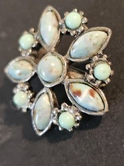 Vintage Star Flower Brooch Turquoise Look Silver Tone Pin Mexican Style Unsigned