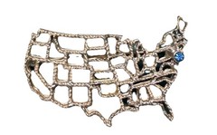 Vintage Goldish Tone USA Map Brooch Blue Rhinestone Patriotic United States Pin