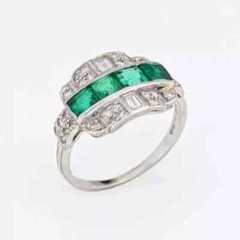 Art Deco Style Green Emerald Lab-Created Diamond Wedding 14K White Gold FN Ring