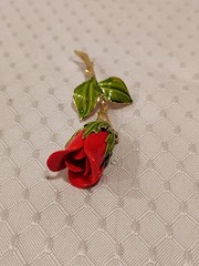 Vintage Enamel Red Rosebud Gold Stem Green Leaves Brooch Pin 3″ Long