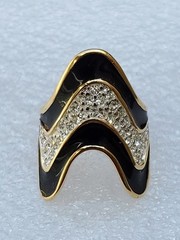 Vintage 18K Yellow Gold Plated Black Enamel And Rhinestones Ring Size 8
