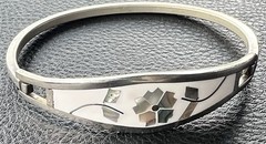 Vintage Silver Bracelet Alpaca Mexico White Floral Hinged Inlay Abalone