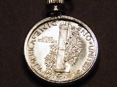 Coin Pendant Silver VINTAGE MERCURY DIME Bezel Sterling Silver Plated 18” Chain