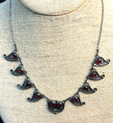 Vintage Taxco Style 925 Sterling Silver Garnet Paisley Cabochon Fringe Necklace
