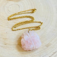 VTG Regal Rose Quartz Pendant necklace pink carved gold tone Statement 70s 20″