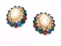 CINER Jewels Of India Moghul Glass Faux Pearl Clip On Gold Tone Earrings ⚠️Read