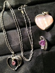 925 Sterling Silver Chain 3 Pendant Pink Mother Pearl Heart Diamond Accent L309
