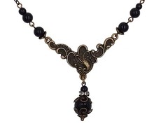 Art Nouveau Necklace Black Bead Rhinestone Antiqued Bronze Victorian Jewelry