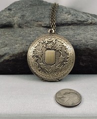 X-Lrg Cat Locket Necklace, Antiqued Brass, Art Nouveau Photos Memorial Pendant