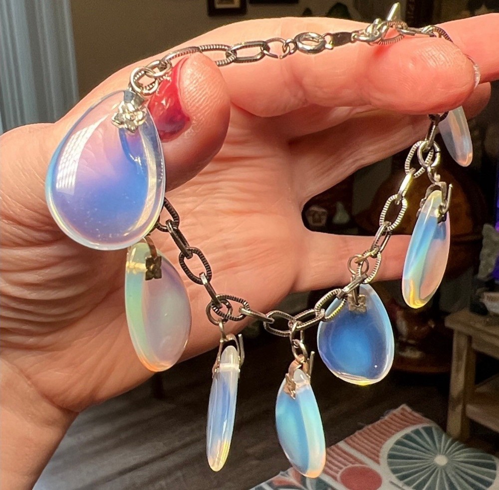 Unique Vintage French Opalescent Opaline Glass Teardrop Cha Cha Charm Bracelet