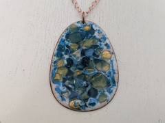 Vintage Enamel on Copper Turquoise Pendant Necklace, Mid Century Modern, 2.5″