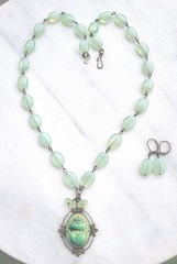 VINTAGE NEIGER EGYPTIAN SCARAB PENDANT OPALITE BEAD URANIUM FLOWER NECKLACE SET