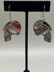 Vtg Edgar Berebi Silvertone Blue Green Enameled Toucan Dangle Pierced Earrings