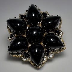 Vintage Brooch Pendant Teardrop Black Glass Cabochons Double Layered 2-1/8″ Long