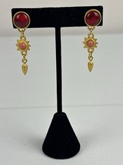 Vintage Brushed Gold-tone Stud Dangle Earrings Red Pink Stones