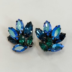Signed REGENCY Electric Blue/Green Swirl AB Rhinestone Brooch/Earring Vtg Set