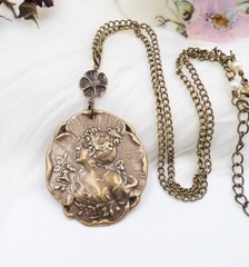 Brass Cameo Maiden Necklace, Art Nouveau Romantic Handmade Victorian Jewelry