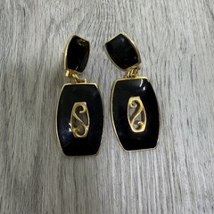 Vintage Earrings EDGAR BEREBI Gold Tone-Black Enamel Drop Dangle MCM Retro