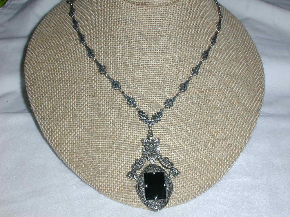 STUNNING~ ART DECO STERLING BLACK ONYX HAND SET MARCASITE NECKLACE!
