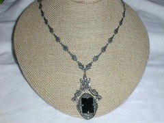 STUNNING~ ART DECO STERLING BLACK ONYX HAND SET MARCASITE NECKLACE!