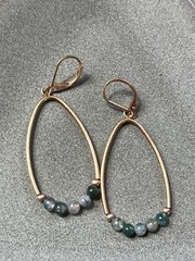 Estate Brushed Goldtone Tubular Ovals w Tiny Faux Green Stone Beads Dangle Ear