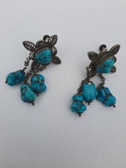 Antique Vintage Chinese Export Turquoise 800 Silver Filigree Earrings Chandelier