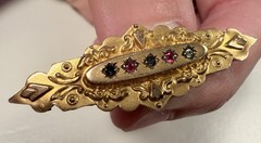 Antique Etruscan English 9k Yellow Gold & Rose Cut Diamond Mourning Brooch/Pin
