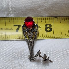 Vintage Sterling Silver Marcasite Red Pear Drop Earrings Art Deco 925 Dangle
