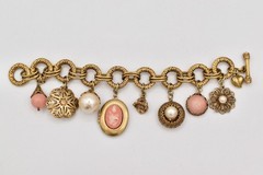 Carolee Vintage Charm Locket Bracelet Antiqued Gold Pink Floral Signed 80s BinBR