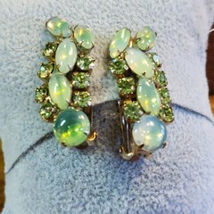 Vintage Opaline Glass & Aurora Borealis Rhinestone Clip Earrings Mid Century