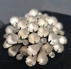 Dome Moonstone Brooch Elevated Glass Cabochon Rhinestone Pin Rhodium Plated