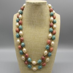 Vintage Hong Kong Necklace Mottled Beads Green Orange Simulated Pearl 19 Inch
