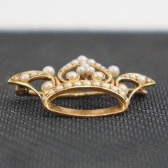 Antique Crown Brooch 14k Yellow Gold Seed Pearl Vintage Excellent 4g 1.125″