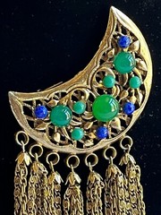 Lisner Vintage Crescent Moon Pin Brooch Jeweled Tassels Gold Tone Blue Green