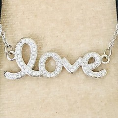 Dainty Rhinestone Love Cursive Word Pendant Necklace Silver Tone Adjustable 21”