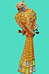 SWAROVSKI Parrot Brooch Aqua & Green Pave Crystals Gold Encrusted