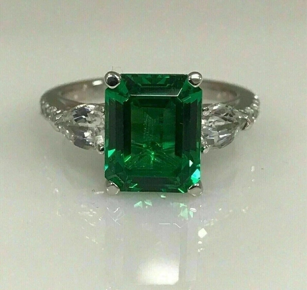 3.25Ct Art Deco Princess Lab Created Green Emerald Engagement 925 Silver Ring