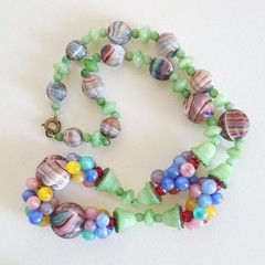 Vtg Antq Czech Glass Marbled Slag Melon Ball Tutti Frutti Bead Cluster Necklace