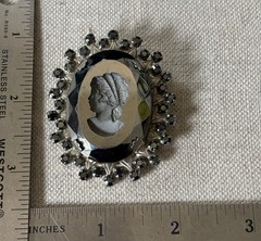 1950s Vintage Cameo in Slate Gray and Black – Outlined with Rhinestones – 1950s