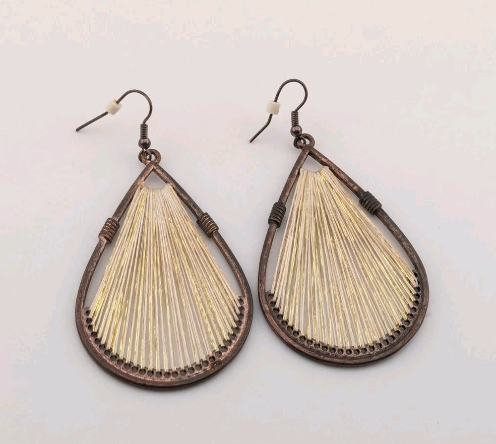 Vintage Copper Teardrop Earrings Large Gold Glistening String Peruvian