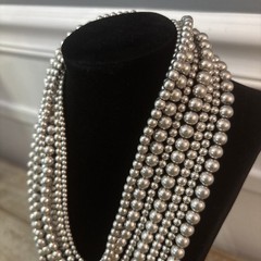 Vintage Gray Silver Layered Multi-Strand Faux Pearl Statement Necklace 17”