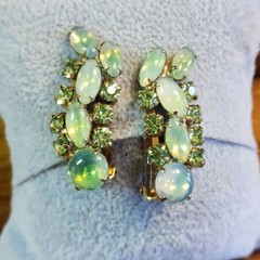 Vintage Opaline Glass & Aurora Borealis Rhinestone Clip Earrings Mid Century