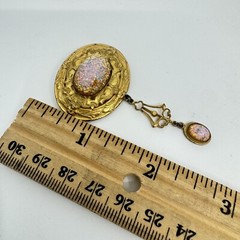 Victorian Revival Czech Foiled Opal Glass Brooch Oval Gold Tone With Dangle 2.5″