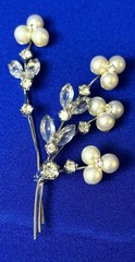 Floral Spray Silver-tone Stems Clear Rhinestones & Faux Pearl Flower Tips Brooch