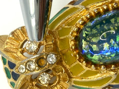 Vintage Florenza Owl Brooch Blue Green Foiled Cabochon Enamel Gold Tone Pin