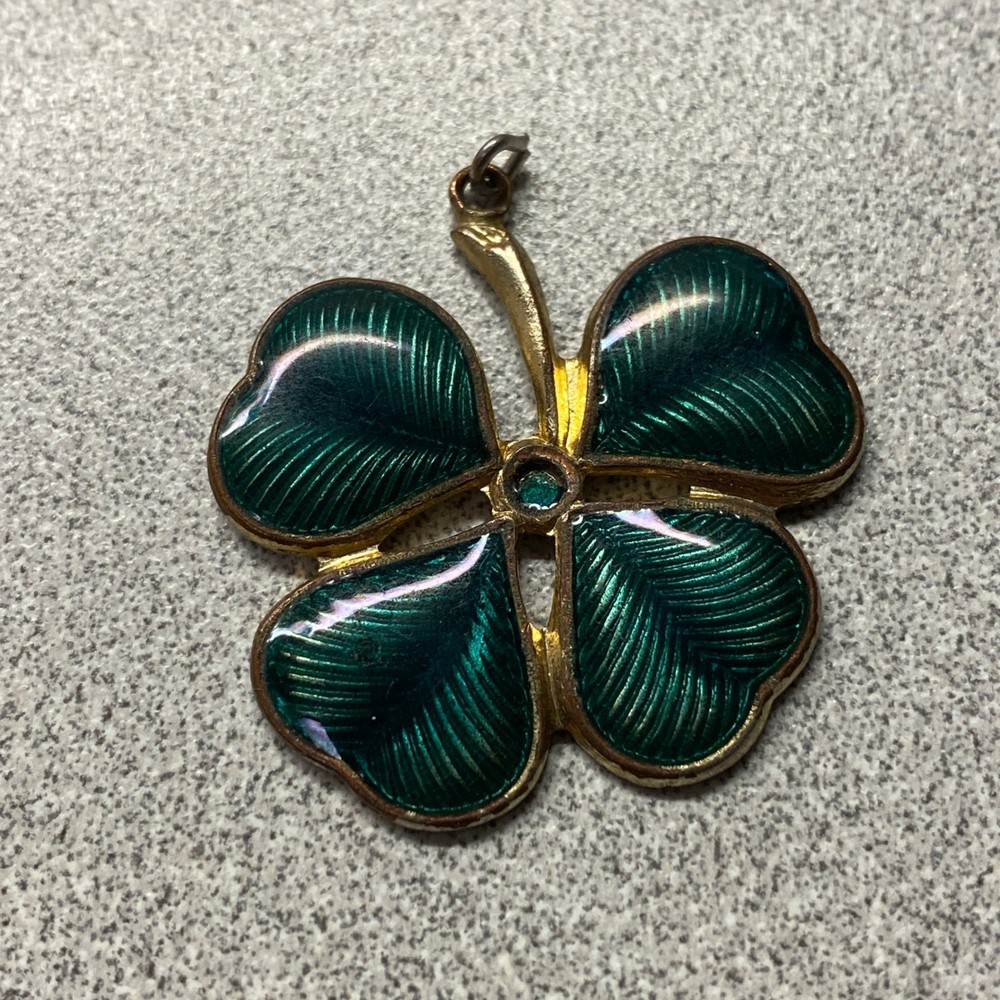 Vintage Gold Tone Green Enamel Four Leaf Clover Charm Pendant Lucky Symbol