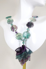 Rare Vintage Chinese Carved Fluorite & Sterling Silver Pendant Necklace