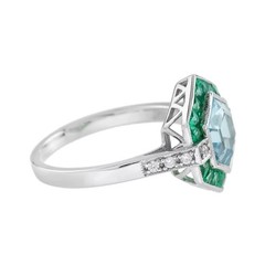 4Ct Art Deco Vintage Aquamarine & Emerald Hexagon 14K White Gold FN Wedding Ring