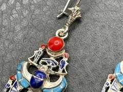 Sterling Silver Egyptian Revival Enamel Chandelier Earrings Scarab Hieroglyph