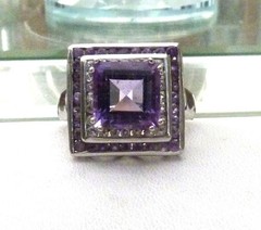 DESIGNER TC 5.62 ASSCHER AMETHYST HALO WHITE ZIRCON STERLING SILVER RING SZ 10
